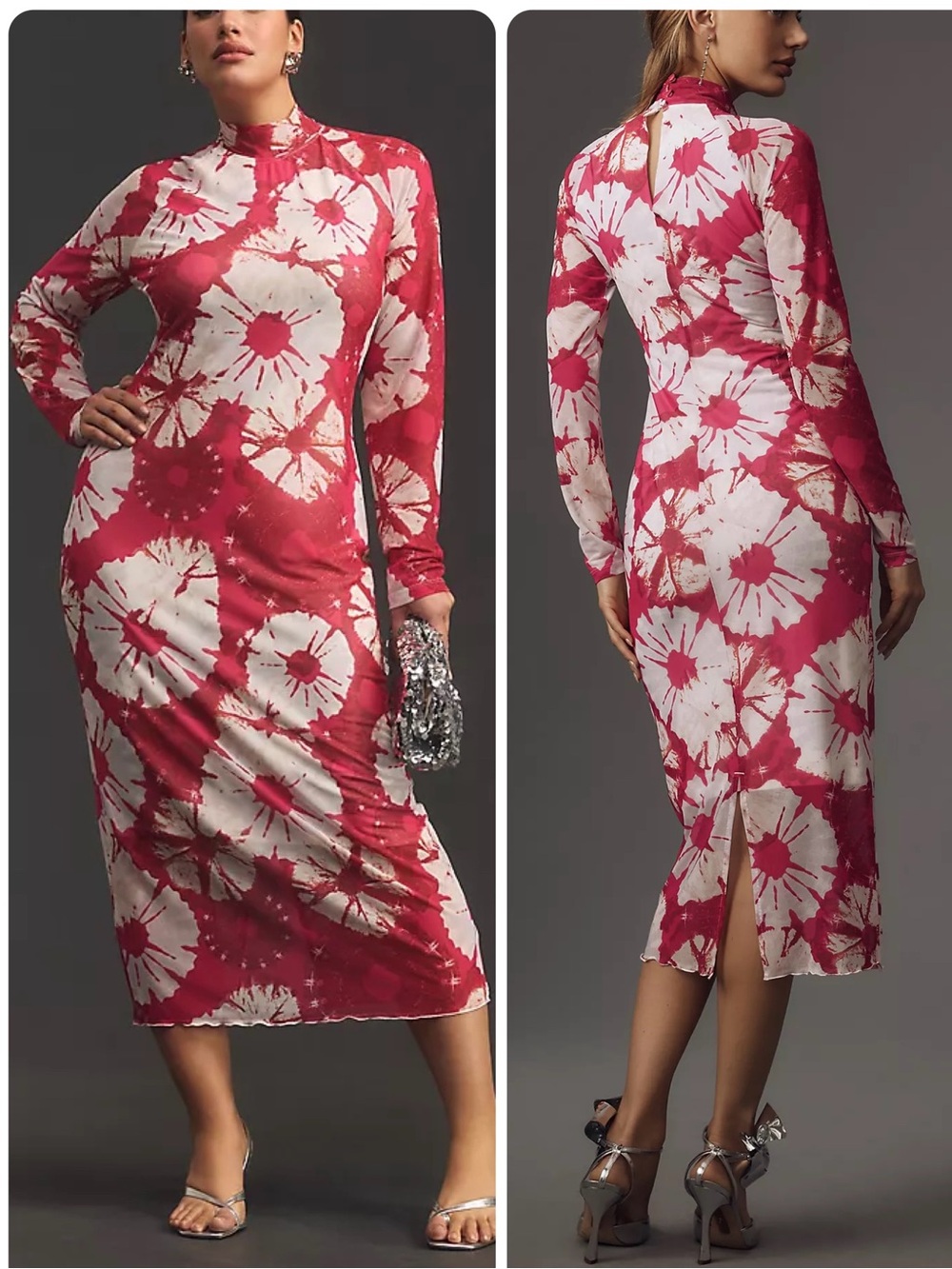 Anthropologie Long-Sleeve Mock-Neck Floral Slim Midi Pullover Dress Pink L